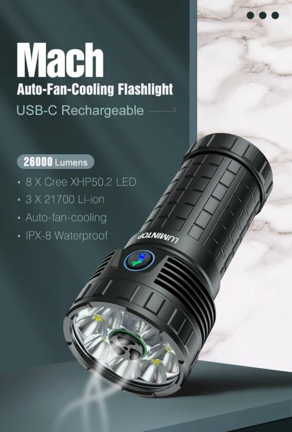 LUMINTOP Mach (V1/V2)- LED Taschenlampe mit 8x XHP50.3 LEDs für bis zu 26.000 Lumen – Bild 8